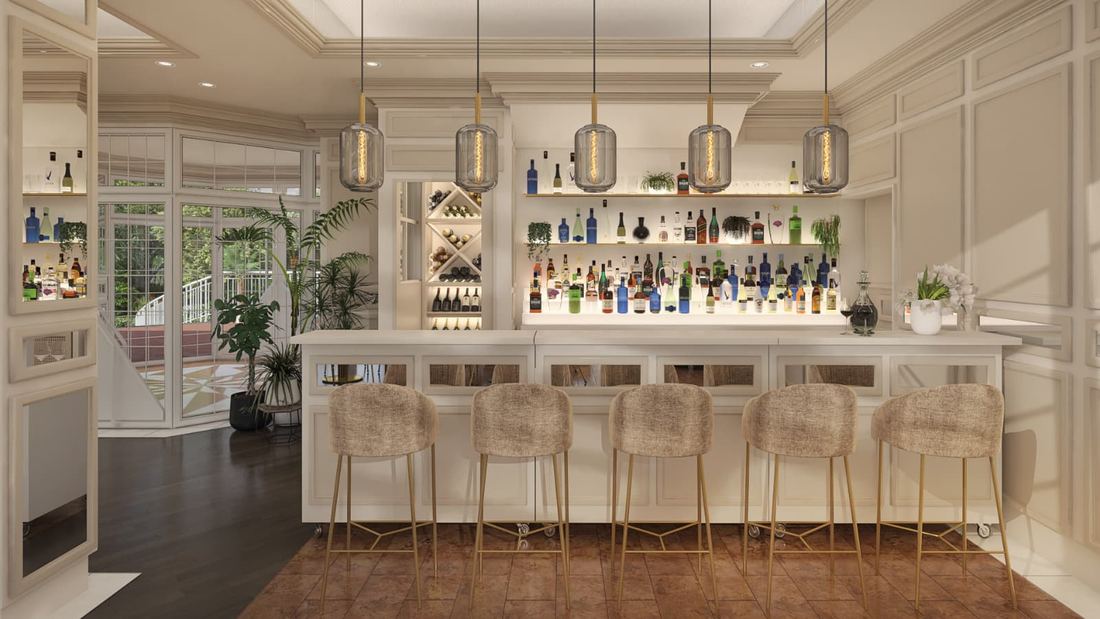 Die Bar des Deichgraf mit Barhockern und einer breiten Auswahl an Spirituosen