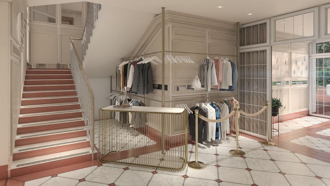 Garderobe und Treppenaufgang im Deichgraf mit Fliesenboden und Wandpaneelen