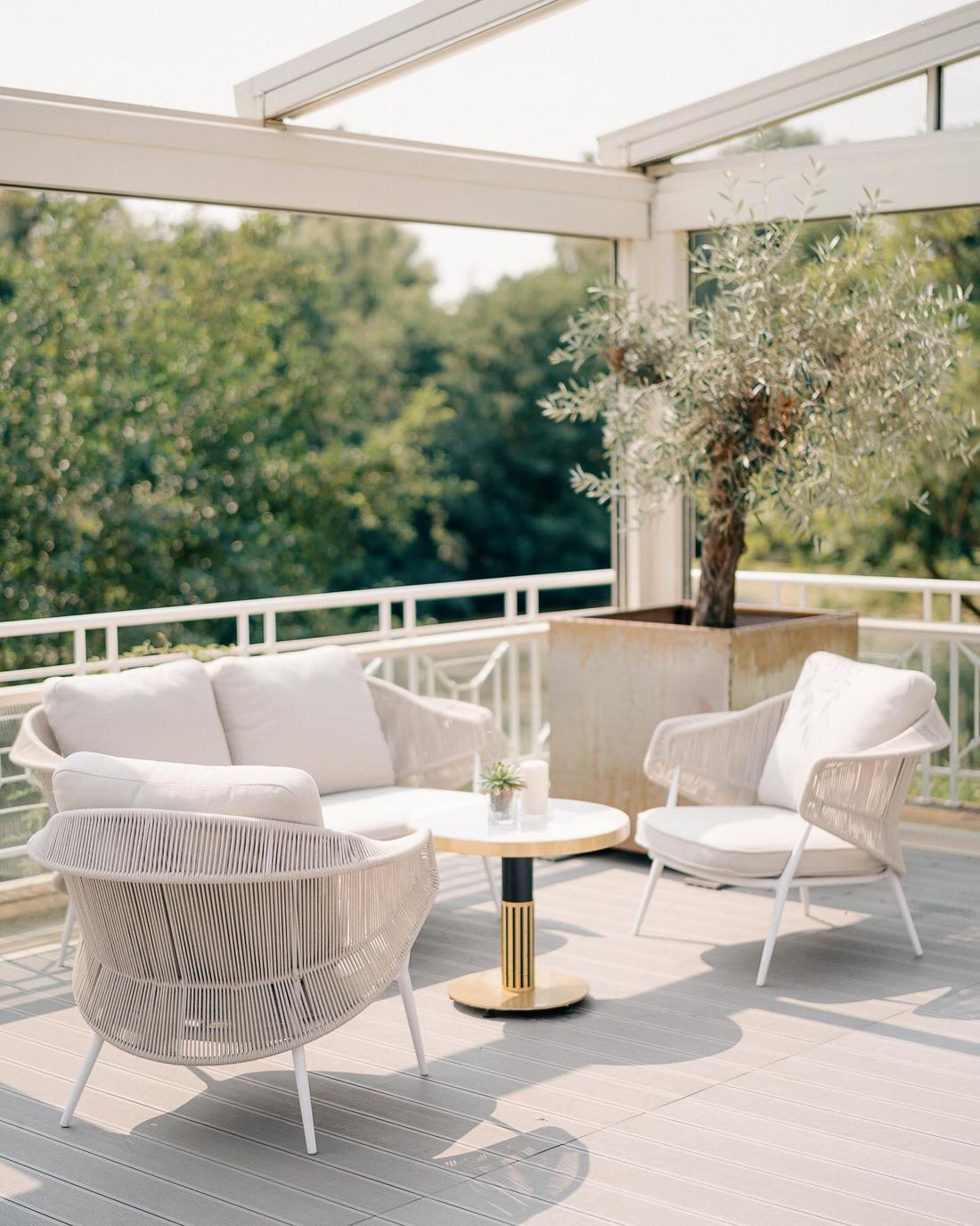 Loungesessel und Sofa auf der überdachten Terrasse des Deichgraf, daneben ein Olivenbaum im Kübel
