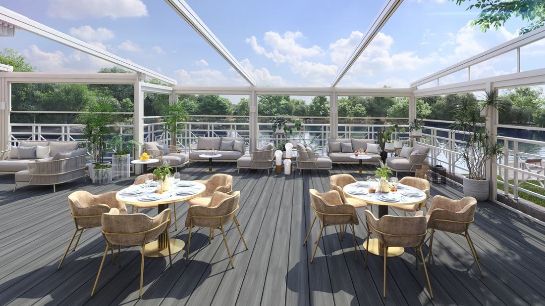 Sommerlich gedeckte Tische auf der Terrasse des Deichgraf in Düsseldorf, der Wintergarten ist zum Park hin geöffnet